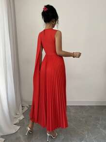 Elenzga Bohemian Pleated A-Line Waisted Sleeveless Midi Dress, For Vacation In Spring & Summer - Red - View 2
