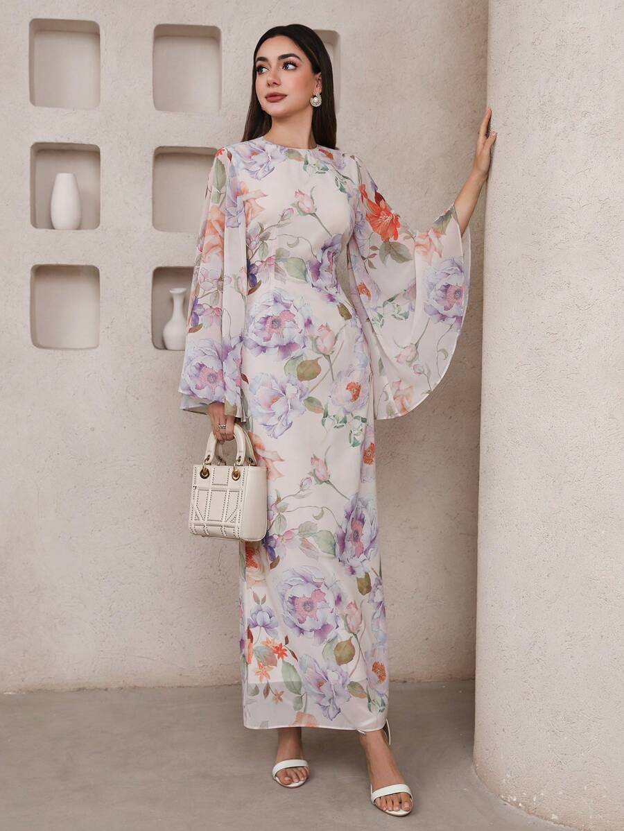 Veilorie 女士优雅花卉印花喇叭袖连衣裙 - 彩色 - 查看 1