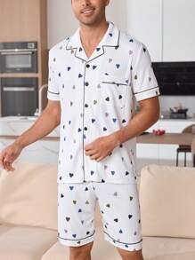 Heart Print Short Sleeve Top And Shorts Pajama Set For Men - Multicolor - View 6