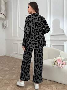 Mulvari 2pcs Women Casual Set: Letter & Leopard Print Long Sleeve Shirt And Pants