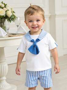 SHEIN Leap Crew 2pcs Baby Boy/Girl Navy Collar Short Sleeve Henley Top & Elastic Waist Striped Shorts Set - Blue and White - View 6