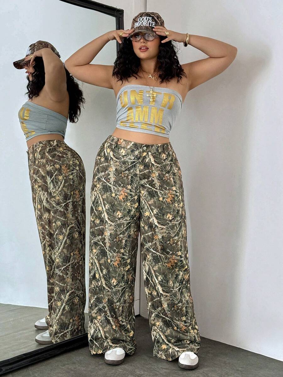 SHEIN EZwear Plus Size Women's Branch Print Pocket Loose Casual Pants Summer,Vacation Woman,Easter,Spring,Western,Office For Women,Rave,Baby Shower,Cottagecore,Country Women,Old Money Style Women,Going Out,Festival,Rodeo,Airport For Women,Kpop,Tropical Vacation Woman,Nashville,European Summer,Concert,Cowgirl,Graduation Gyaru,Hippie,Grunge,Flowy Pants Baggy Jeans Baggy Pants