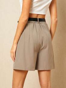 Poéselle Chic High-Waisted Pinstripe Shorts With Belt - Effortless Elegance For Any Occasion,High-Waisted Shorts, Pinstripe Fashion, Women's Tailored Shorts, Casual Chic Outfits, Stylish Summer Bottoms - Multicolor - View 2