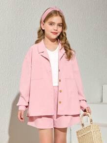 SHEIN 3pcs/Set Tween Girl Street Casual Solid Woven Long Sleeve Shirt, Shorts And Camisole