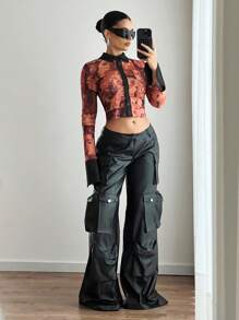 EgrlEra Camisa de mujer con cuello con botones y estampado de patrones