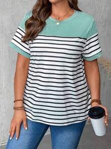 SHEIN LUNE Plus Size Women Colorblock Stripe Round Neck Short Sleeve Casual T-Shirt - Multicolor - View 4