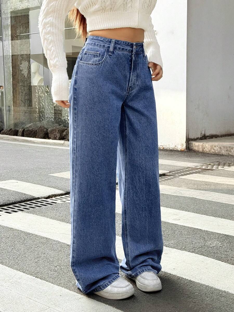 Forever 21 Women's Washed Dark Blue Loose Wide Leg Casual Jeans With Pockets