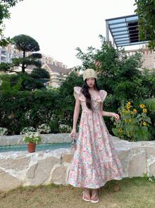 DAZY 女士蕾丝边饰短袖中长连衣裙，夏季，适合情人节、花卉图案、挤奶女工装、荷叶边度假装、复活节波西米亚风长裙 - 粉色 - 查看 4
