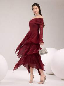 Modelyn Women's Solid Color Pleated Off Shoulder Long Sleeve Tiered Ruffle Hem Dress - Red - View 4