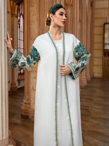 Al Najma Women's Elegant Banquet Green Jacquard Patchwork Sleeves,Gold Webbing Arabesque Coat,White Modest Robe Abaya For Spring,Valentine's Day - White - View 7
