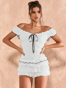 SHEIN BAE Women's Elegant Contrast Color Trim Off-The-Shoulder Blouse - White - View 4