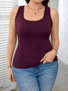 SHEIN Clasi Canotta in lavorazione a maglia elastica con pizzo a contrasto, per donna, taglia grande, primavera/estate