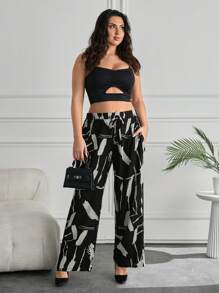 SHEIN Cottnline Plus Women Wide Leg Pants Allover Print With Pocket And Drawstring - Black and White - View 5