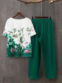 SHEIN LUNE 2 件套女士加大码花卉印花短袖上衣和裤子休闲装