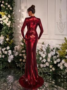 Glamrae Women Elegant And Elegant Dark Red Stretch Knitted Long Sleeves Slim Fit Fishtail High Slit Dress, Suitable For Dinner Bachelor Party Valentine's Day Vacation Back To School Season, Formal Evening Dress, Wedding Guest Dress