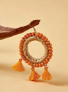 SHEIN VCAY Vacation Boho Creative Orange Tassel Ear Rings, Exaggerated Vintage Handmade Bead Earrings