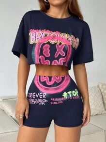 Muchica 2pcs/Set Matching Print Cropped T-Shirt And Leggings Set - Navy Blue - View 6