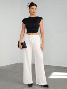 SHEIN Tall Soft White Knitted Waffle Lounge Lounge Pants, Loose Wide Leg Pants - White - View 1