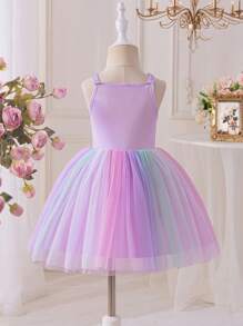 SHEIN Playful Pals 0-3岁女婴梦幻可爱多色多巴胺彩虹薄纱连衣裙 - 彩色 - 查看 2