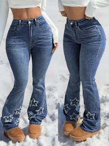 SHEIN CURVE+ Pantalones acampanados de mezclilla con estampado de estrella para mujer talla grande, de mezclilla elástica que estilizan la figura, para conjunto de primavera y verano, atuendo casual