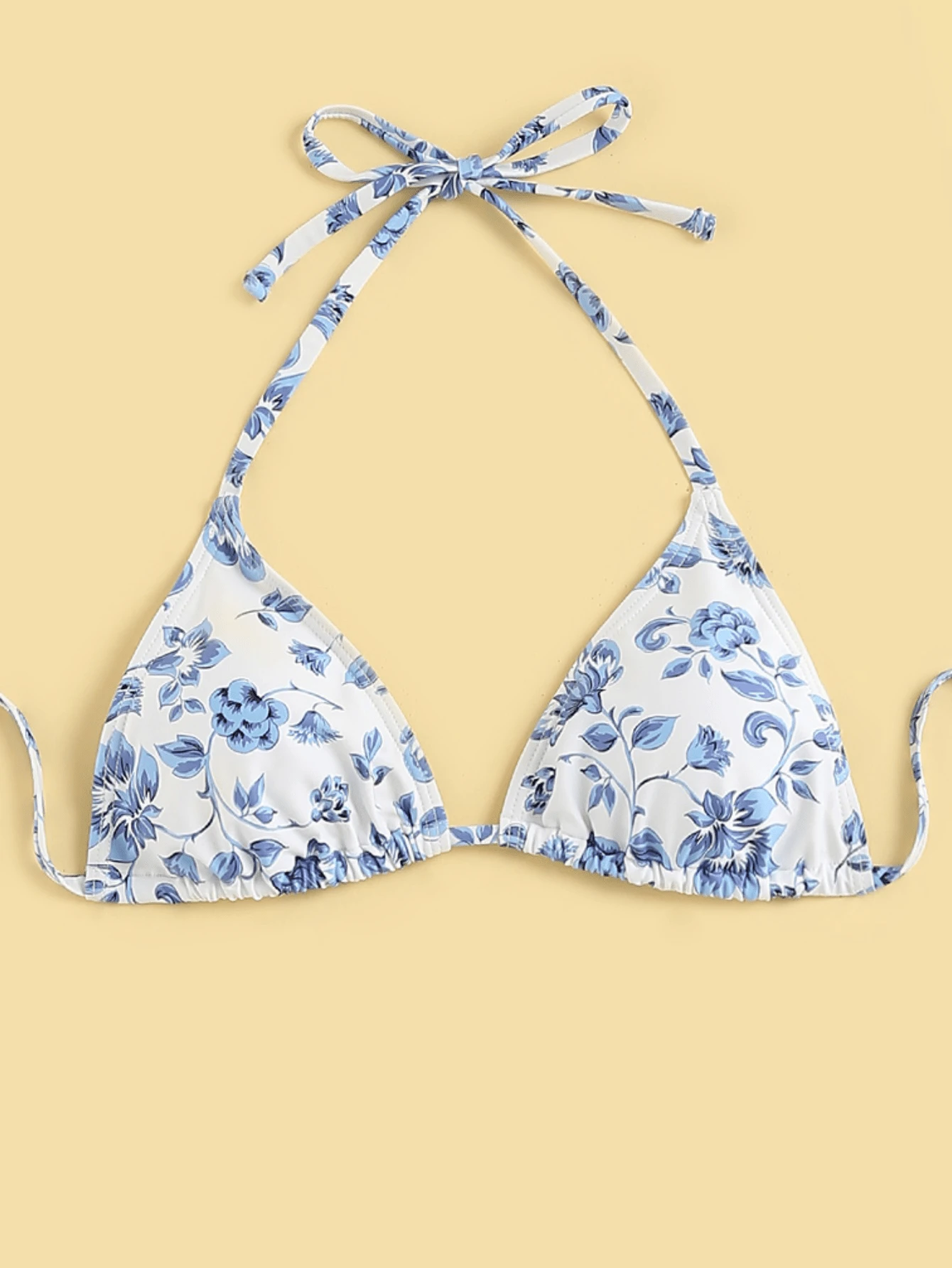 Swim Mod 1pc Women's Floral Print Halter Neck Bikini Crop Top, Suitable For Summer Beach Vacation - Blue and White - View 1