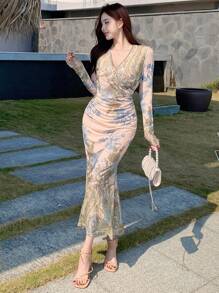 DAZY 女士印花V领长袖及膝度假连衣裙，秋季波西米亚风连衣裙 - 黃色 - 查看 2