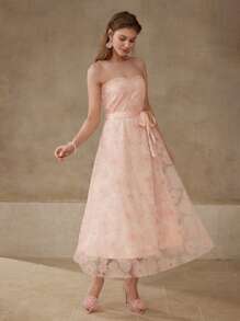 MOTF 对比色网纱花卉图案连衣裙 - 橘色 - 查看 6