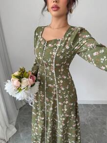 Modelyn Women's Ditsy Floral Sweetheart Neck Lantern Sleeve Arabian Dress,Modest