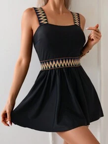 Swim Lushoire Women's Black Decorative Ribbon Summer Beach Vacation Full Outfit, Elegant A-Line Swim Dress & Bottom - Black - View 2