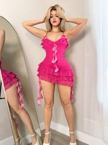 Sweetina Spring Summer Outfits For Women  Fairycore Romantic Polka Dot Print Ruffle Hem Camisole Mini Dress - Hot Pink - View 3