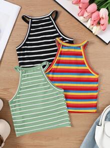 Young Girl 3 Pieces Set: Knit Striped Crew Neck Sleeveless Form-Fitting Casual Tank Top - Black - View 2