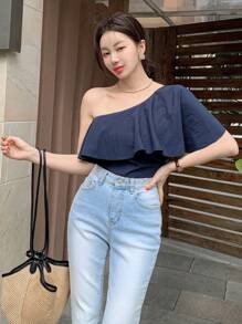 DAZY Elegant Asymmetric Shoulder Ruffle Trim Backless Blouse, Women Spring/Summer - Navy Blue - View 5
