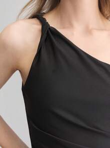 Ontre 2025 Women's Solid Color Ruched Asymmetrical Shoulder Top, Minimalist Urban Style, Fashionable For Commuting - Black - View 5