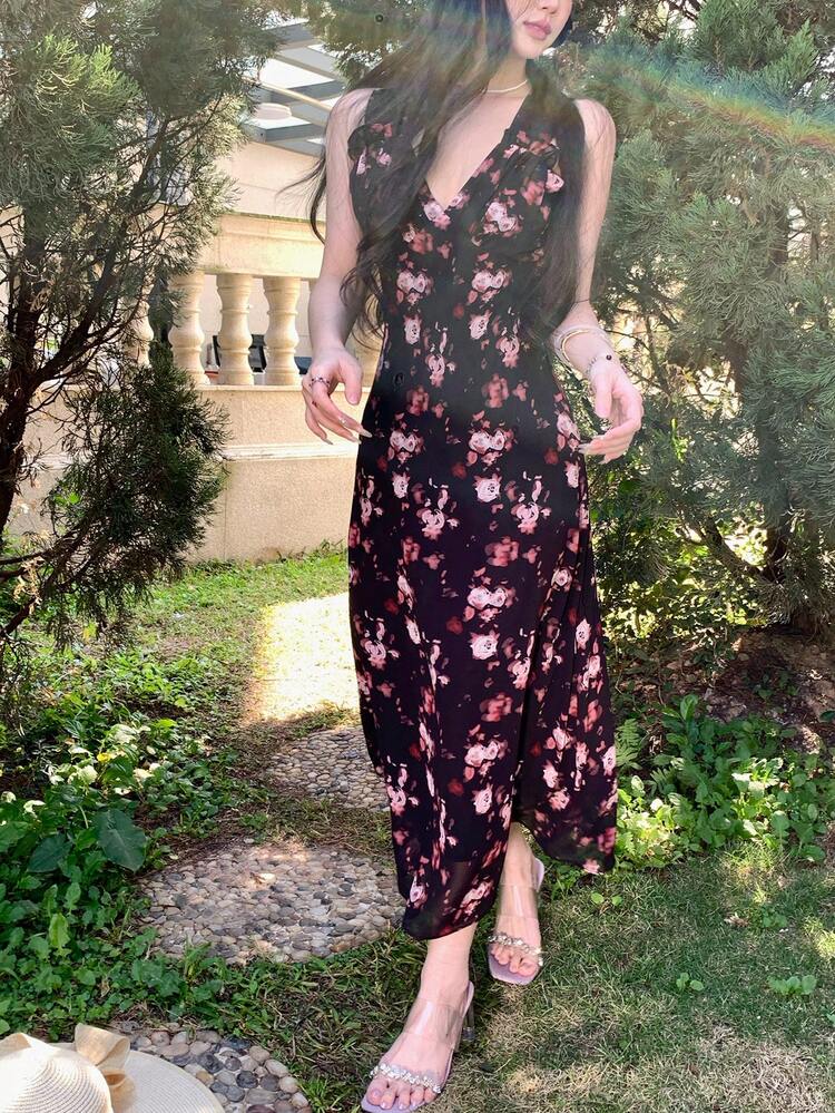 Women's Summer Rose Print V-Neck Ruffle Chiffon Long Dress, Sexy Spaghetti Strap Midi Dress, Suitable For Valentine's Day Ditsy Floral Cruise Women Outfits Sundress Boho