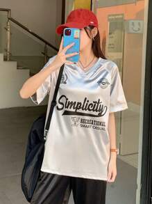 DAZY Conjunto de 2 piezas de top de manga corta y pantalones con estampado de letras para mujeres