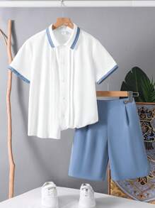 SHEIN Leap Crew 2pcs Tween Boy Casual Contrast Color Polo Collar Shirt And Elastic Waist Shorts Set, Suitable For Autumn, Spring, Summer, Outdoor Play, School, Street, Party And Leisure - Multicolor - View 2