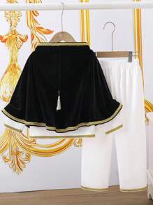 SHEIN Leap Crew 3pcs/Set Young Boys Loose Casual Geometric Pattern Hooded Shirt With Flared Tassel Shawl And Pants, Suitable For Kids Outfits, Back To School, Birthday Parties, Evening Events, Performances, Weddings, Baptisms, School Commencements. Suitable For Daily Wear, School, Travel, Sports And Styles, Spring And Summer - Black and White - View 2