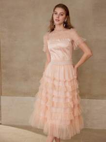 MOTF PREMIUM 对比色网布分层连衣裙 - 藕粉色 - 查看 7