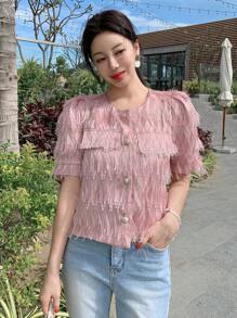 DAZY Textured Round Neck Puff Sleeve Button-Up Women Casual Shirt - Pink - View 5