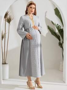 SHEIN Maternity Casual Long Sleeve Patchwork Ribbon Trim Notched Neck Dress