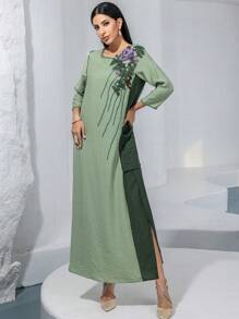 Layrah Elegant Handmade Beaded Embroidery Comfortable Dress, Arabian Dresses,Modest - Green - View 7