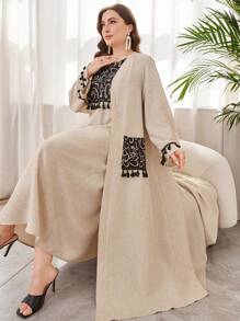 Al Najma Conjunto de 2 piezas de talla grande para mujer, estilo árabe con flecos, chaqueta de manga larga y vestido, modesto