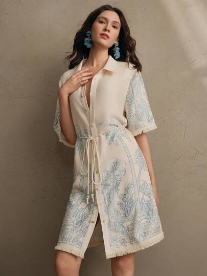 Anewsta Hollow Out Embroidery Lapel Single-Breasted Tie-Waist Shirt Dress, Elegant For Vacation, Beach, Spring/Summer