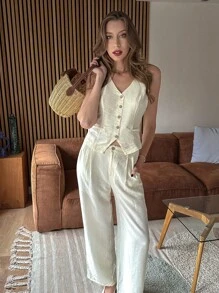 Chiquease Women's Elegant Single-Breasted Vest & Pants Suit Set - Apricot - View 4