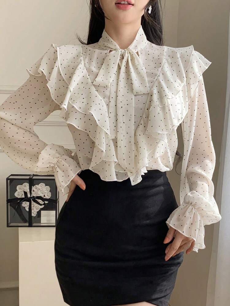 Women's Polka Dot Ruffle Collar Casual Blouse, Stylish For Daily Wear,Fall Women Clothes Long Sleeve Top
