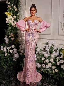 Glamrae Vestido de Festa Elegante e de Luxo, Ombro de Fora, Sem Alças, Assimétrico, Decote em V, Manga Lanterna de Tule, Bainha de Sereia Bordada, Vestido de Festa, Vestido de Convidado de Casamento, Vestido Formal, Vestido de Noite - Rosa chiclete - Visão 6