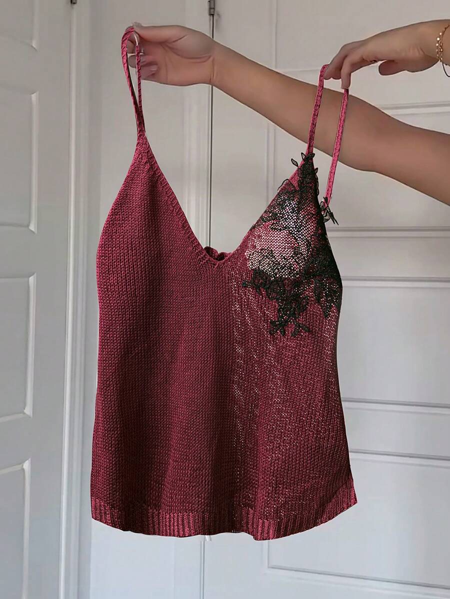 SHEIN LUNE 新款优雅藤蔓刺绣针织吊带背心，适合夏季、春季和情人节假期 - 酒紅色 - 查看 1