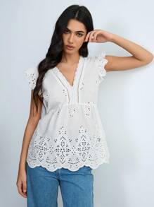 SHEIN Unity 女士刺绣蕾丝拼接下摆假日休闲衬衫，春夏 - 白色 - 查看 6