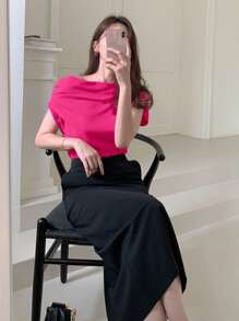 DAZY Casual Solid Color Asymmetrical Ruched Collar T-Shirt,Crop Tops Women - Hot Pink - View 2