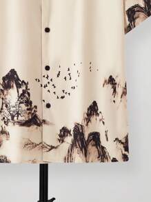 SHEIN Áo sơ mi in hình tay ngắn thường ngày cho bé trai tuổi teen, phong cách đường phố vẽ mực phong cảnh núi, Punk, Rock, phong cách đại học để mặc hàng ngày, tiệc tùng, lễ hội âm nhạc, xuân/hè - Màu Khaki - Xem 6